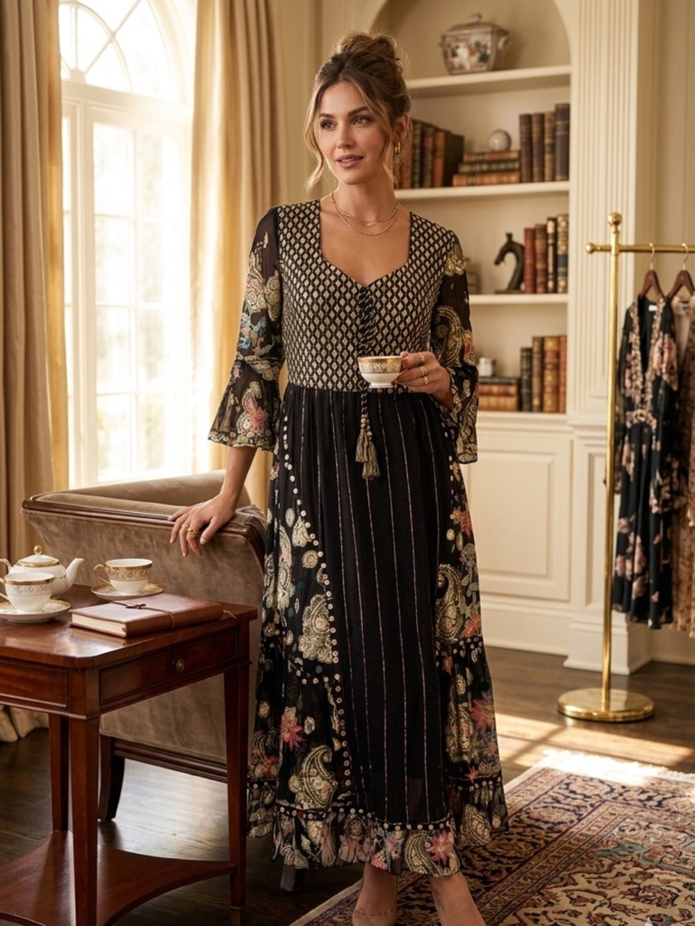 Black Floral Boho Maxi Dress with Tassel Tie